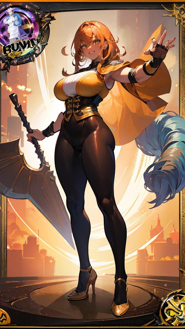 (1 brown amazon,Full Body Tights,Age 35Pub,guild)),(smile),Dynamic pose,Dynamic Angle,Pose for a photo,From below,Elderly woman、Trading Card Game Frames、Highest Rare、Five Fingers、Signature mark、Big Butt、Yellowr、Gauntlet Fighting Pose Giant Axe Muscular Married Woman