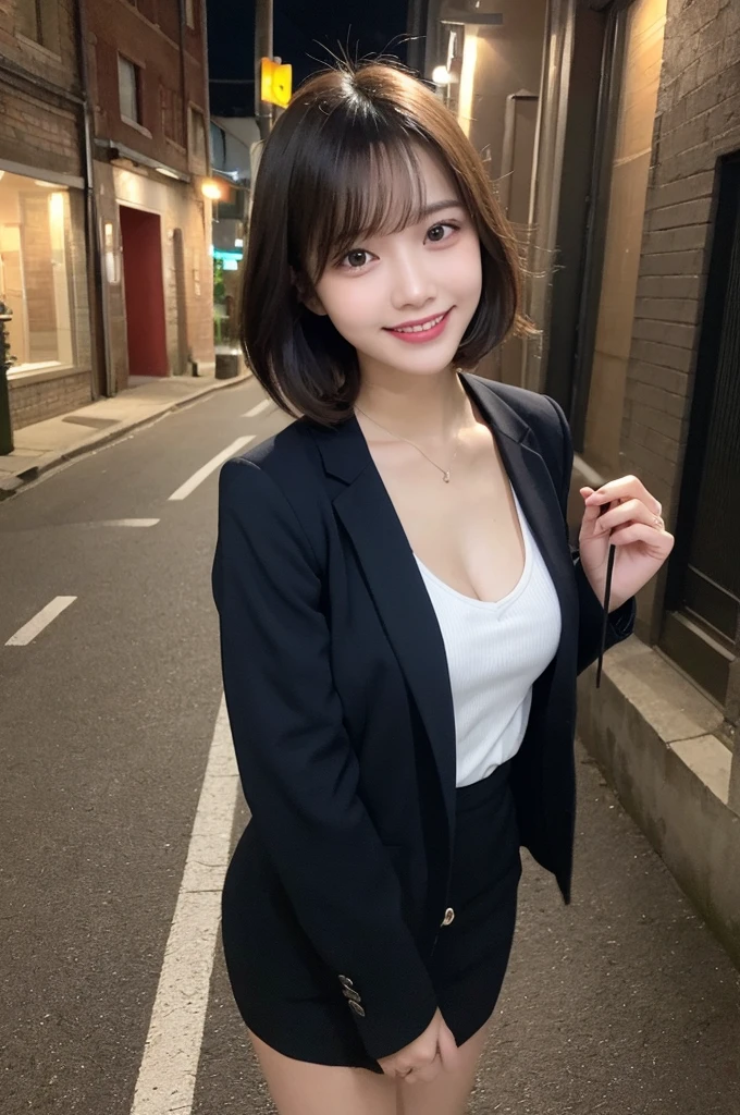 Selfie、Jacket、Light clothing、Laughing、Standing、night、Alley、Very short hair、short、ベリーshortカット、Highest quality, figure, Super detailed, In detail, High resolution, 8k wallpaper, Perfect dynamic composition, Beautiful attention to detail, dress,Medium Hair, Small breasts、Natural color lip, Random sexy poses,smile,24-years-old
