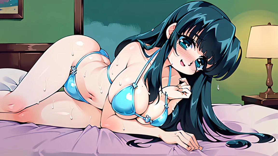 nsfw,anime,anime style,high resolution、high quality、masterpiece、4k,8k,POV,((yamagami shino,final romance,huge breasts),(sexy_bikini:1.4),(happy smile),((night scene,bedroom,hotel,large bed,on side:1.3)),(wet,sweat),skindentation, cleavage,bursting breasts,(sagging breasts:1.4),(blush:1.2),