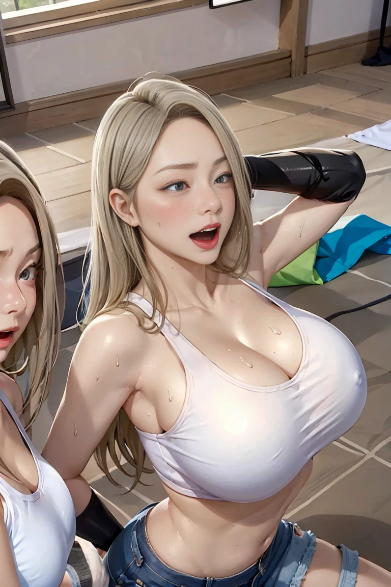 Two Girls,Two Women,Overhead view viewing angle,Top view,Sleep on your back,hot pants,Low rise jeans,Shorts,White sports bra,White tank top,Black fishnet stockings,Black gloves,Laughter,Non-NSWF,fubuki,blonde,Long-haired person,Very long straight hair,Top quality masterpiece, 1 Girl, alone, Looking at the audience, belly button,Super huge breasts,Very large胸,Super huge , Cleavage of the breast, blush ,1 Girl, Big Breasts, Cleavage, To the audience, Very large, (Big Valley), (Large saggy breasts), At the hotel, sexy, glamorous, Wet body .