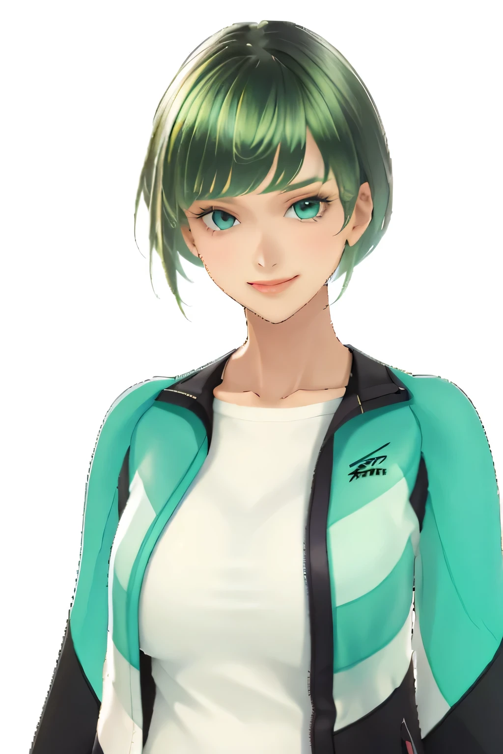 big bangs,beautiful bangs,green hair,Emerald hair,short hair,short hair,bright face,upper body up,chest up,business woman,intellectual,smile,jacket,white shirt , laughter,drooling eyes, alone,Flow of hair that extends to the face,Big light blue eyes shine charmingly,green one piece,eyeliner,Shining white skin,