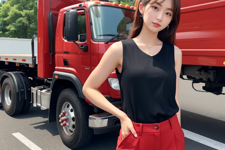 high resolution,high quality,Perfect body,Perfect face,Big Truck,A girl in front of a truck,Work pants,Red trousers,スニーカー,Black sleeveless,(Girl arms folded),Chestnut Hair,I'm putting my hair together,Red lipstick