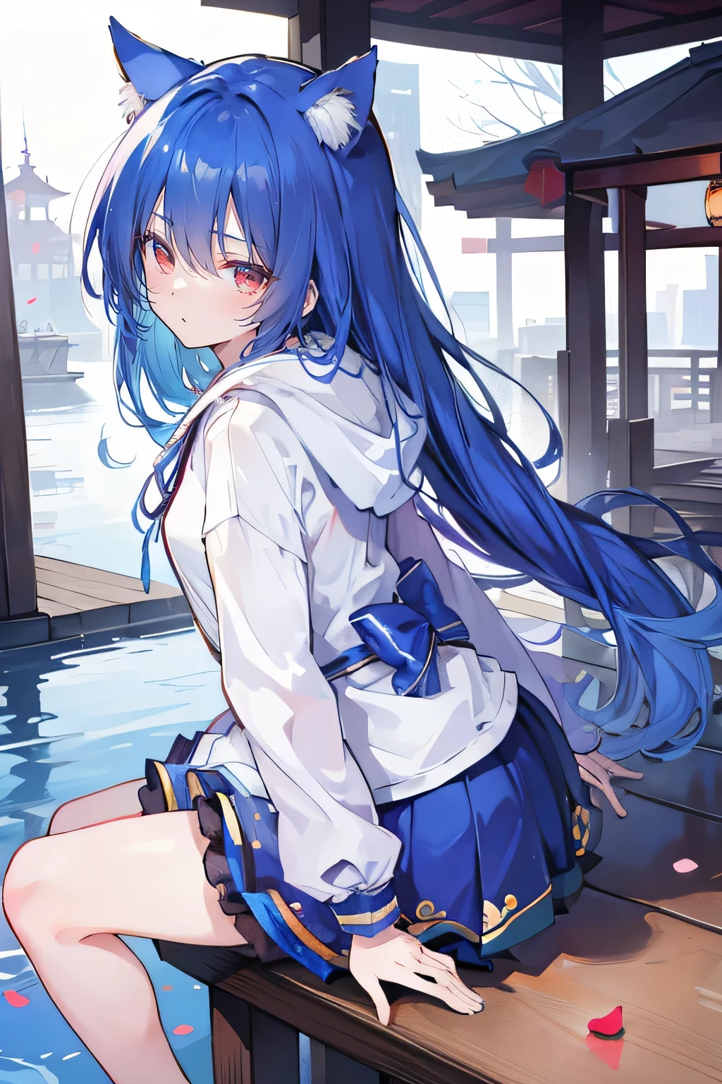 （masterpiece：1.2），Super detailed，lifelike，Expressive eyes，fair skin，perfect face shape，1 girl，
Japanese comics,Gorgeous blue hair,flowing blue hair,flowing clothes,Cat ears,Petals fall,beautiful lola,Baby Angel,sunrise,
Shaking head with one hand，Cross your legs，Gentle and peaceful background，The pavilion is cool and comfortable,smile, wearing hoodie, background of tokyo,back views,snowing, winter，seaside，wet clothes，A smile，A faint smile，。