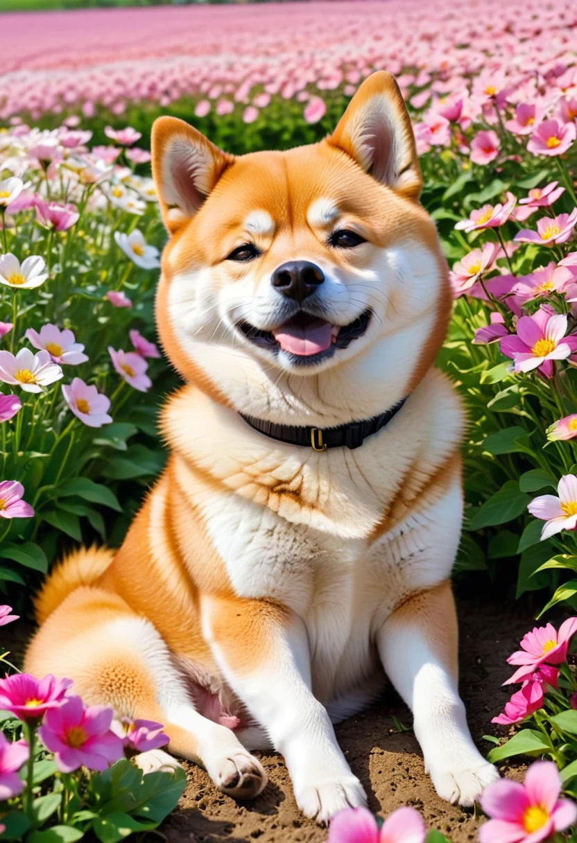 Shiba Inu relaxing in a flower field: In a vast flower garden、Surrounded by colorful flowers、A scene of a Shiba Inu lying down relaxed。A gentle breeze blows、As the petals flutter、The sight of the Shiba Inu squinting its eyes in happiness is adorable。
