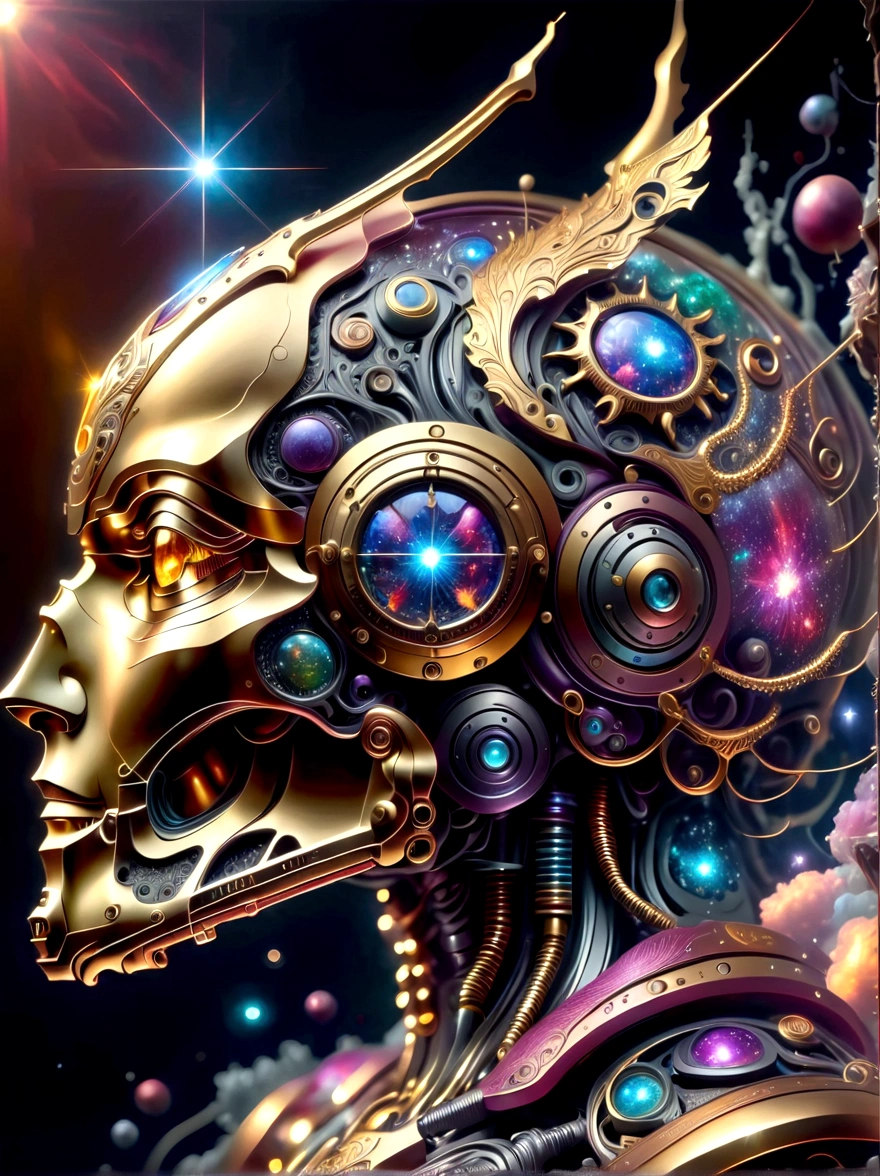 Imagine a scene in outer space. A highly intricate mecha, reminiscent of popular intergalactic robots, stands tall. Its metallic surfaces reflect the distant stars, and it has an intimidating aura. It is locked in a fierce battle with a warrior draped in colourful armor, reminiscent of classic 1990s live-action television superheroes. The two figures are locked in an intense combat, the stars and galaxies providing a breathtaking backdrop. Energy blasts and sparks fly, while the distant stars and galaxies provide an ethereal backdrop.