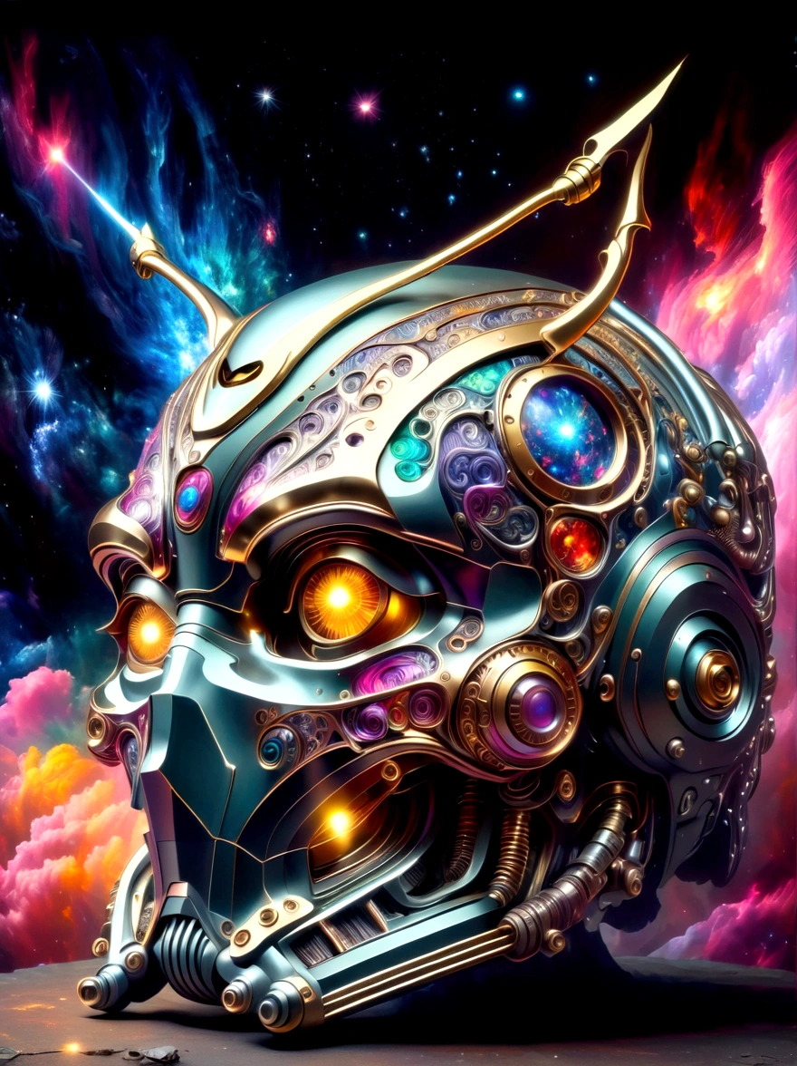 Imagine a scene in outer space. A highly intricate mecha, reminiscent of popular intergalactic robots, stands tall. Its metallic surfaces reflect the distant stars, and it has an intimidating aura. It is locked in a fierce battle with a warrior draped in colourful armor, reminiscent of classic 1990s live-action television superheroes. The two figures are locked in an intense combat, the stars and galaxies providing a breathtaking backdrop. Energy blasts and sparks fly, while the distant stars and galaxies provide an ethereal backdrop.