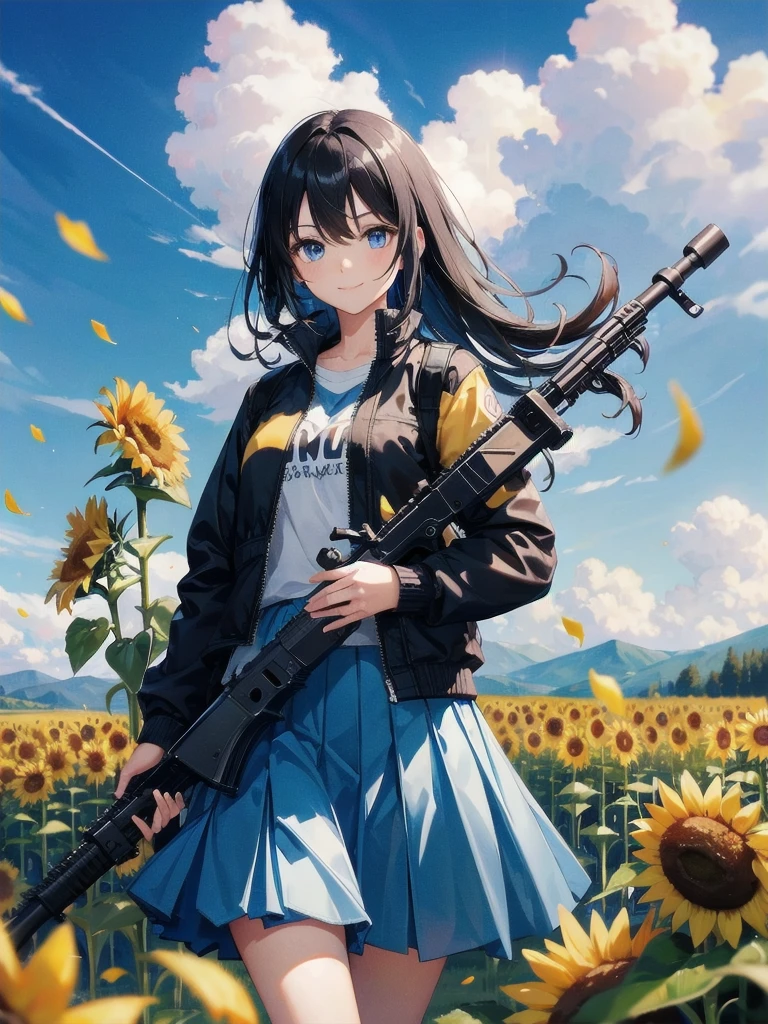 32k, 1girl, solo, looking at viewer, smile, bangs, blue eyes, skirt, black hair, long sleeves, holding, hair between eyes, closed mouth, jacket, weapon, flower, outdoors, sky, day, cloud, chibi, holding weapon, blurry, blue sky, blue skirt, gun, petals, depth of field, blurry background, holding gun, rifle, yellow flower, sunflower, field, flower field,