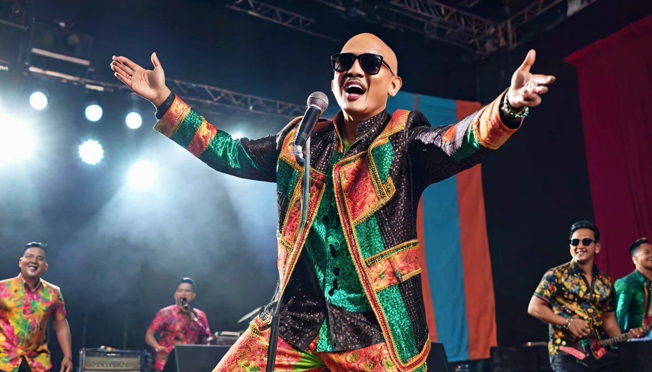 A handsome male singer from Indonesia, with a bald head, wearing dark sunglasses, brightly colored artist clothes, black shoes, is performing a dangdut song concert on stage with a cheerful expression. picture taken from below. realistic, cinematic, full-body, wide angle lens, 8K.