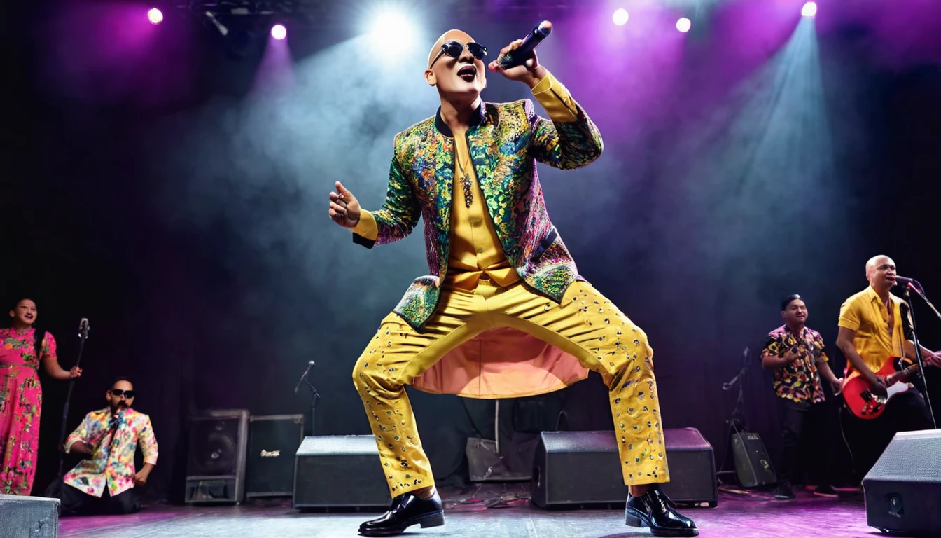 A handsome male singer from Indonesia, with a bald head, wearing dark sunglasses, brightly colored artist clothes, black shoes, is performing a dangdut song concert on stage with a cheerful expression. picture taken from below. realistic, cinematic, full-body, wide angle lens, 8K.