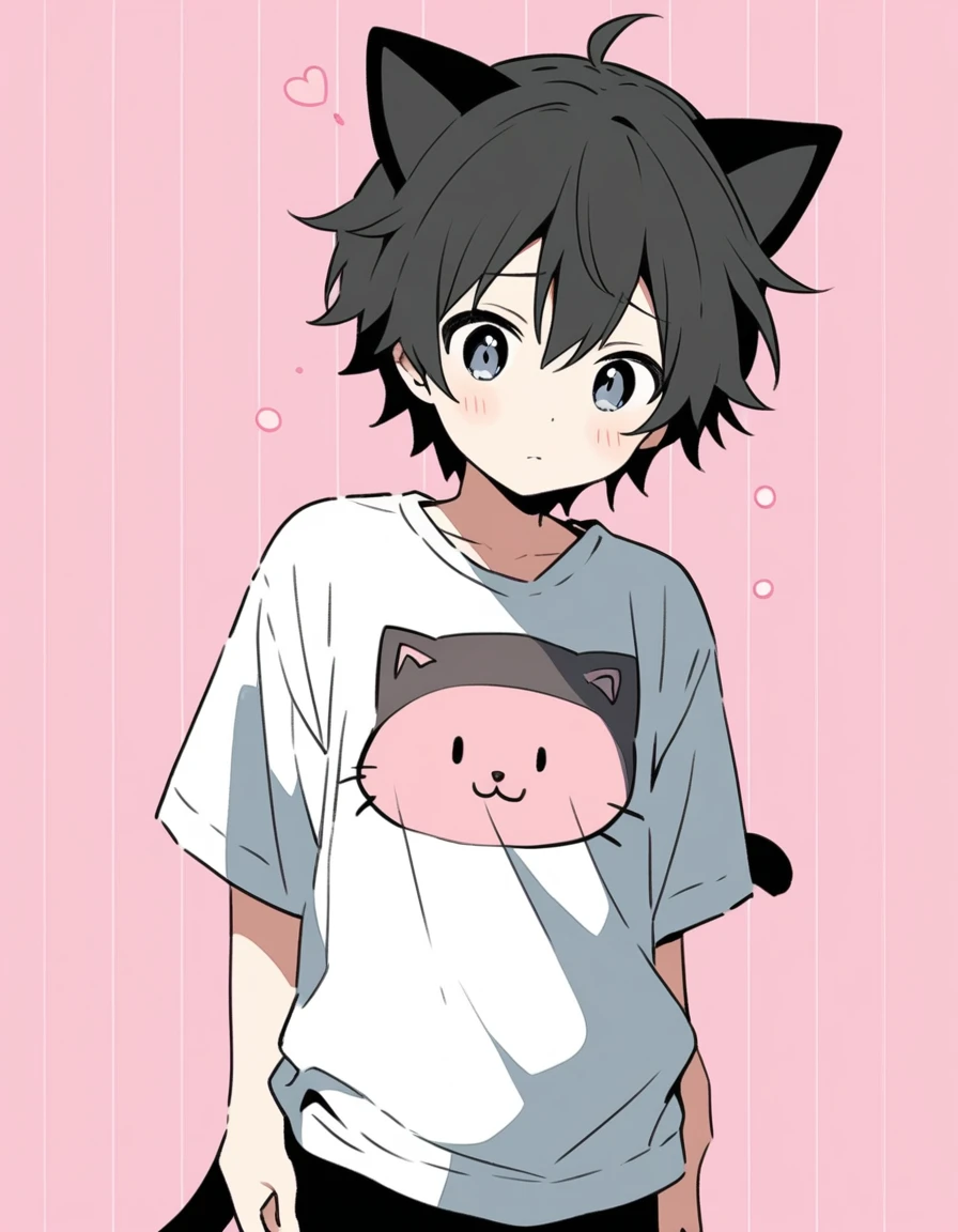Cute cat boy,black cat ears,shy,cute,black hair,black cat tail,anime boy,flat color