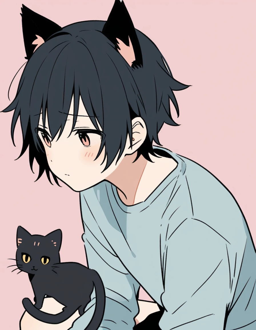Cute cat boy,black cat ears,shy,cute,black hair,black cat tail,anime boy,flat color
