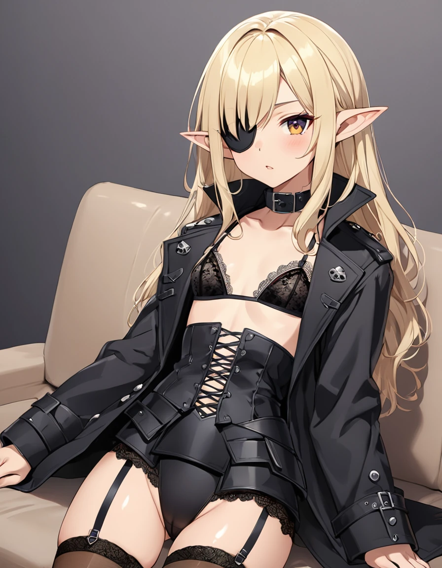 BREAK Perfect Anatomy、(High resolution:1.2)、Incredible illustrations、(Cute illustrations:1.2)、（Beautiful background）(Beautiful background,(on the couch))1gial((blonde hair,shiny hair,hair intakes:1.8,wavy long hair)(cockslut) (Black coat,Gothic combat uniform,Silk Sexy Lingerie,,garter stockings,pointy ears,tan:1.7),eyepatch:1.8,) ),(a girl,  1.5meters, 40kg),,-yeld,flchest）)((,open clothes,))