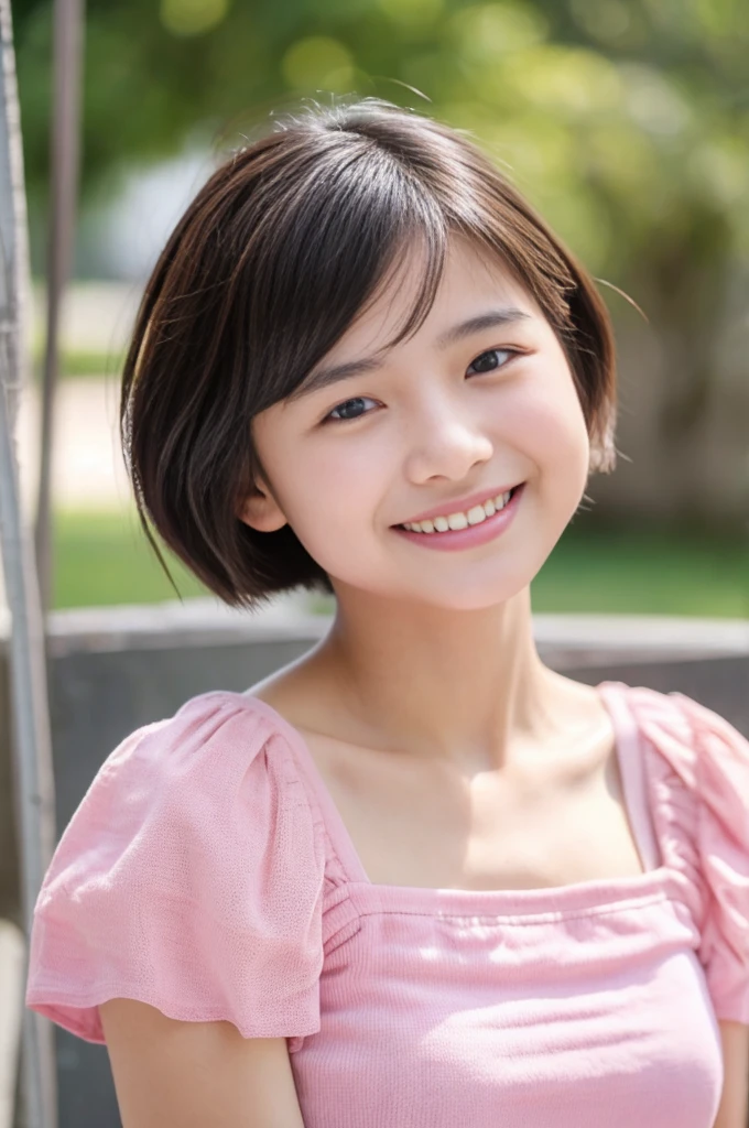 15 years old girl with short hair, adolable, Pink top. smiling,