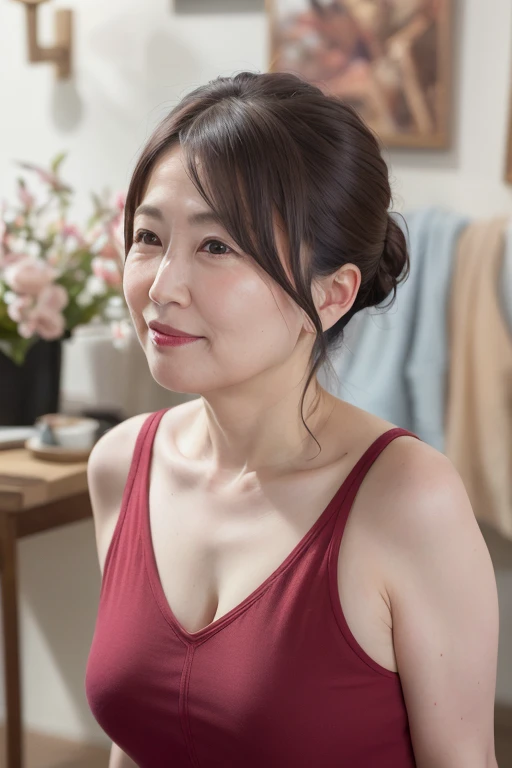 1 mature elegant japanese woman, 55 years old, married woman, delicate features, long eyelashes, sparkling eyes, low ponytail, red lipstick, rosy cheeks, eyeshadow, kissable lips, graceful, lustrous, tank top, cleavage, upper body, wallpaper, nsfw, (best quality,8k,highres,masterpiece:1.2),realistic,photorealistic,photo-realistic:1.37,HDR,UHD,studio lighting,ultra-fine painting,sharp focus,physically-based rendering,extreme detail description,professional,vivid colors,bokeh