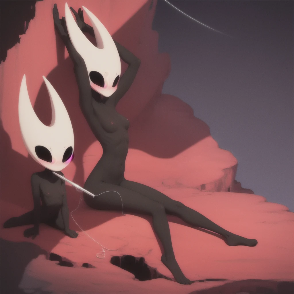 hornet, cute, chibi, no feet, furry girl, slim,anthro, needle weapon, thread, solo, red panties, bare feet, tall, Lying on his back, kind of , full body,red bra, (best quality), (detailed dark cave background:1.2), looking at viewer,  flat colors, medium breasts, no nipples, no vagina, sexy body, abs, (blushes 1.5), underboob