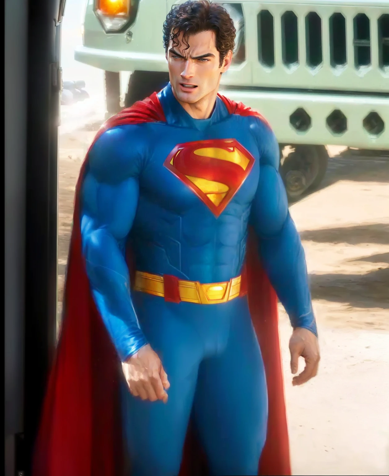 arafed man in a superman costume standing in front of a truck, herry cavill, tom hanks as superman, justin hartley as superman, henry cavill, henry cavill!!!, superman pose, superman, superman >yelling<<<< screaming!, super high resolution, superman costume, dwayne johnson as superman, superman emerging from the sun, henry cavill as batman, nicholas cage as superman