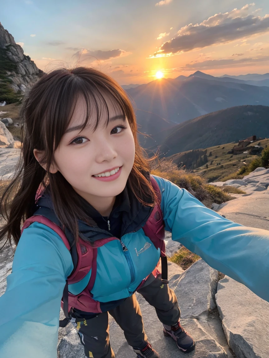 (Upper body selfie:1.3)、Observation deck at the top of the mountain、Magnificent Mountain々Against the backdrop of、Twilight before sunrise、Remove the beam from above、In the morning sun、Generate images of beautiful women from around the world、Especially while reflecting elements of natural beauty.。A woman with a natural smile and attractive facial expression、Glowing Skin、Shining eyes、clear々Expressing a new atmosphere。alone、Outdoor Jacket、Hiking pantountaineering boots、a cold wind is blowing、Hair swaying in the wind、(8K quality、Tabletop、Highest quality、Ultra-high resolution output images)、(Highly detailed RAW photos:1.3)、(Picture Mode Ultra HD)