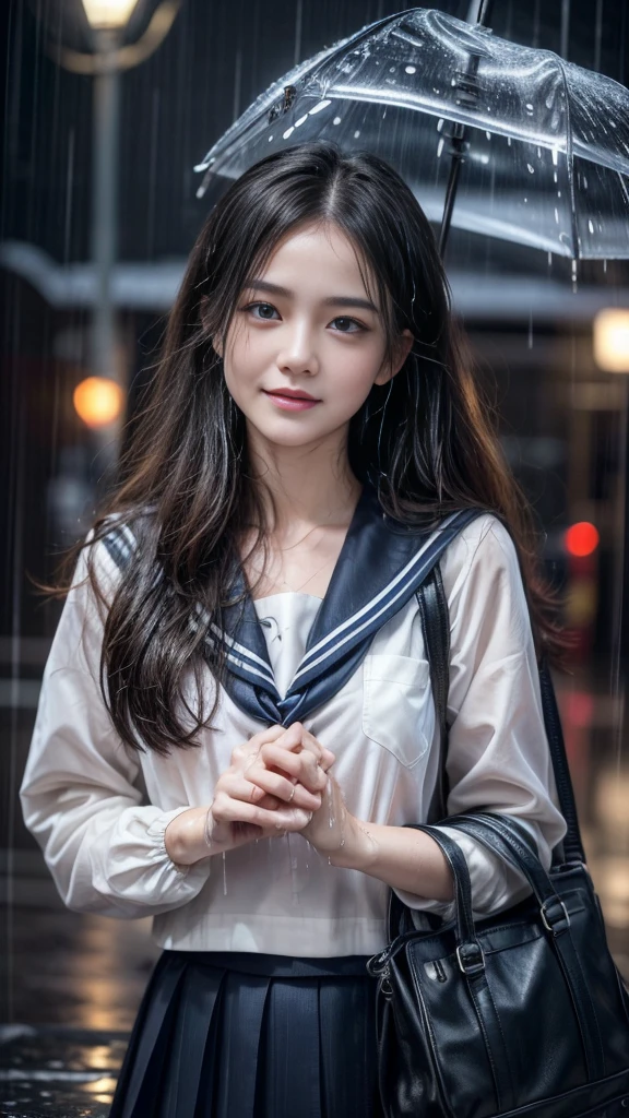(RAW shooting, Photoreal:1.5, 8k, highest quality, masterpiece, ultra high resolution), perfect dynamic composition:1.2, street corner at night, look up at the sky:1.3, (((Typhoon heavy rain))), Highly detailed skin and facial textures:1.2, Slim high school girl wet in the rain:1.3, sexy beauty, perfect style:1.2, beautiful and aesthetic, Fair skin, very beautiful face, (rain drips all over my body:1.2, wet hair:1.4, wet uniform:1.2), water droplets on the skin, (Medium chest, Chest gap), (embarrassing smile, The expression on your face when you feel intense caress, Facial expression when feeling pleasure), (beautiful blue eyes, Eyes that feel beautiful eros:0.8), (Too erotic:0.9, Bewitching:0.9), cowboy shot, student bag, perfect limbs, perfect fingers