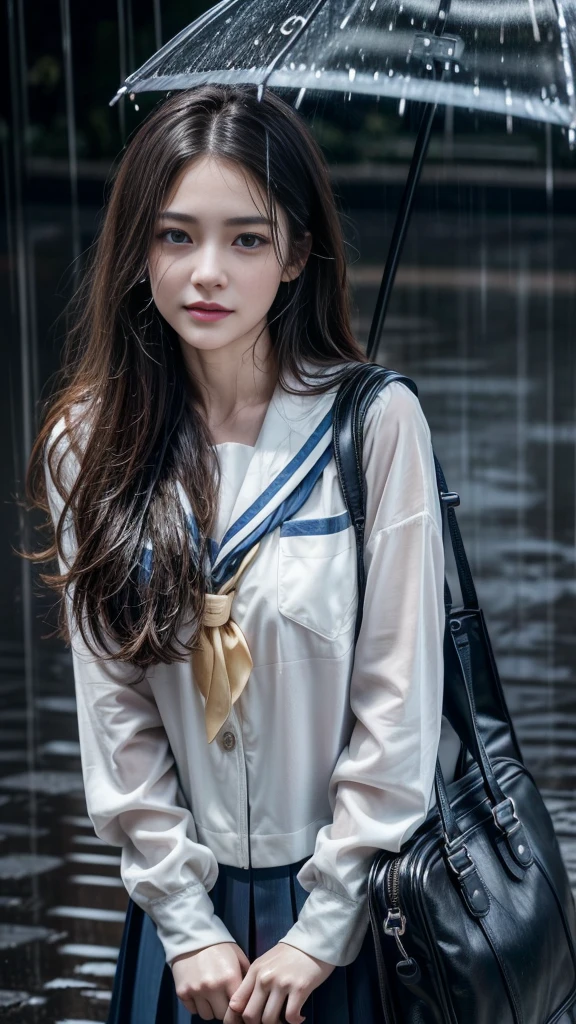 (RAW shooting, Photoreal:1.5, 8k, highest quality, masterpiece, ultra high resolution), perfect dynamic composition:1.2, street corner at night, look up at the sky:1.3, (((Typhoon heavy rain))), Highly detailed skin and facial textures:1.2, Slim high school girl wet in the rain:1.3, sexy beauty, perfect style:1.2, beautiful and aesthetic, Fair skin, very beautiful face, (rain drips all over my body:1.2, wet hair:1.4, wet uniform:1.2), water droplets on the skin, (Medium chest, Chest gap), (embarrassing smile, The expression on your face when you feel intense caress, Facial expression when feeling pleasure), (beautiful blue eyes, Eyes that feel beautiful eros:0.8), (Too erotic:0.9, Bewitching:0.9), cowboy shot, student bag, perfect limbs, perfect fingers