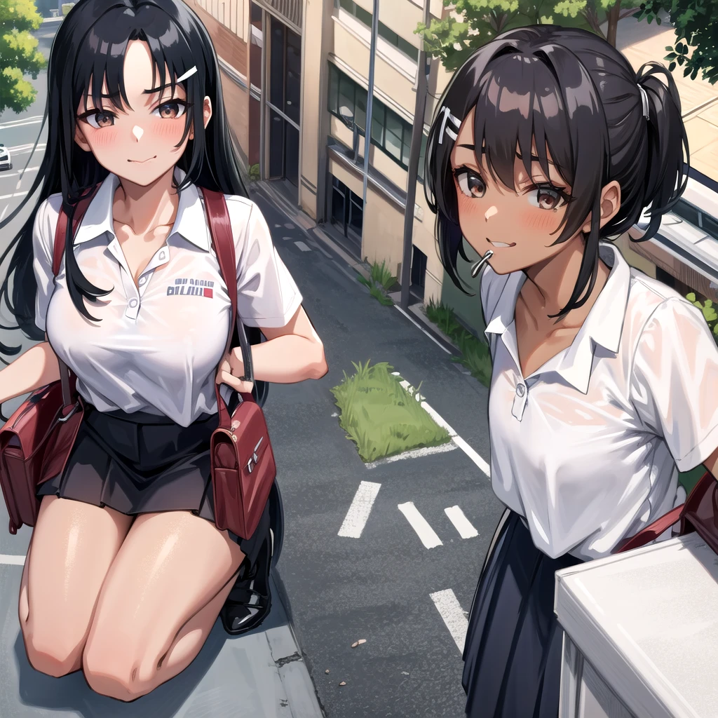 ((best quality)), ((masterpiece)), (details), one girl, sexy ((best quality)), ((masterpiece)), (details), one girl, sexy ((best quality)), ((masterpiece)), (details), one girl, full body, sexy expensive body, expensive, long legs, mature woman, mature, adult, it_nagatoro_main, Nagatoro Hayase, one girl, blushing, alone, uniform polo shirt, black hair, bag, brown eyes, hair accessory, looking at viewer, hair clip, outdoors, backpack, smiling, long hair, dark skinned woman, dark skin, , bangs, daytime, skirt, collared shirt, collarbone, ear clip, mouth closed, tree, asymmetrical bangs, upper body