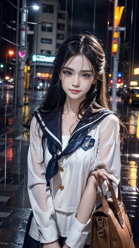 (RAW shooting, Photoreal:1.5, 8k, highest quality, masterpiece, ultra high resolution), perfect dynamic composition:1.2, street corner at night, look up at the sky:1.3, (((Typhoon heavy rain))), Highly detailed skin and facial textures:1.2, Slim high school girl wet in the rain:1.3, sexy beauty, perfect style:1.2, beautiful and aesthetic, Fair skin, very beautiful face, (rain drips all over my body:1.2, wet hair:1.4, wet uniform:1.2), water droplets on the skin, (Medium chest, Chest gap), (embarrassing smile, The expression on your face when you feel intense caress, Facial expression when feeling pleasure), (beautiful blue eyes, Eyes that feel beautiful eros:0.8), (Too erotic:0.9, Bewitching:0.9), cowboy shot, student bag, perfect limbs, perfect fingers
