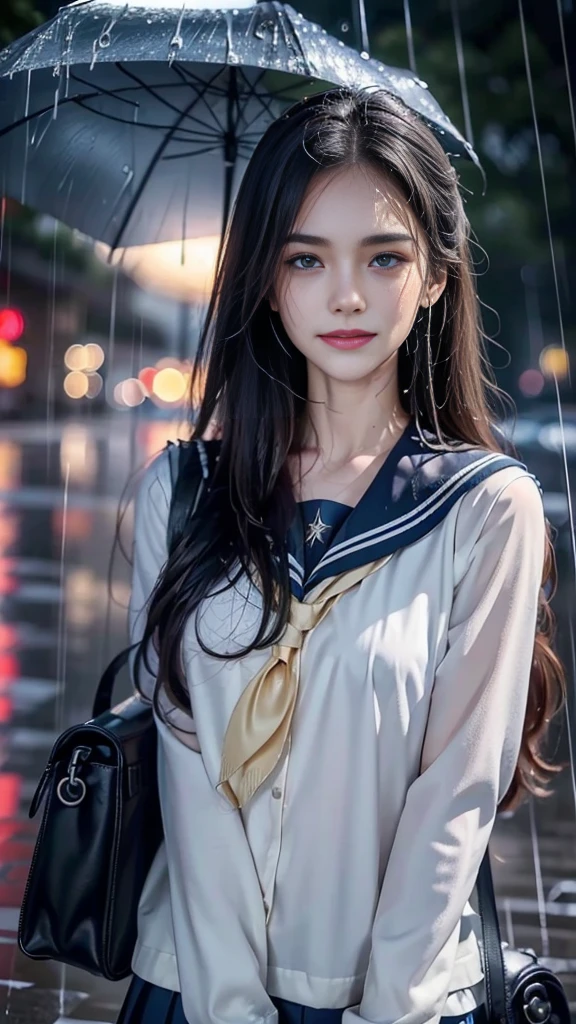 (RAW shooting, Photoreal:1.5, 8k, highest quality, masterpiece, ultra high resolution), perfect dynamic composition:1.2, street corner at night, look up at the sky:1.3, (((Typhoon heavy rain))), Highly detailed skin and facial textures:1.2, Slim high school girl wet in the rain:1.3, sexy beauty, perfect style:1.2, beautiful and aesthetic, Fair skin, very beautiful face, (rain drips all over my body:1.2, wet hair:1.4, wet uniform:1.2), water droplets on the skin, (Medium chest, Chest gap), (embarrassing smile, The expression on your face when you feel intense caress, Facial expression when feeling pleasure), (beautiful blue eyes, Eyes that feel beautiful eros:0.8), (Too erotic:0.9, Bewitching:0.9), cowboy shot, student bag, perfect limbs, perfect fingers