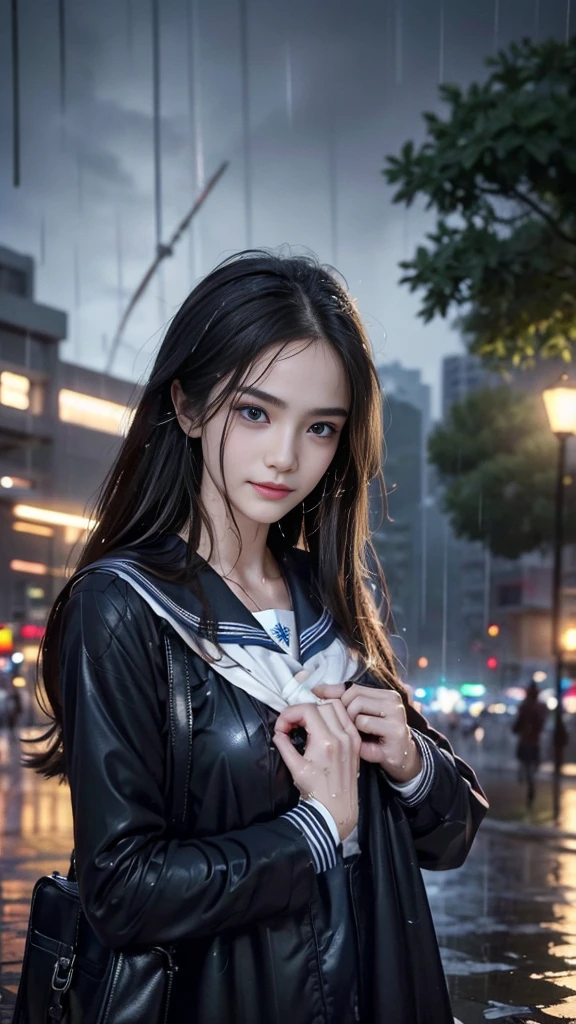 (RAW shooting, Photoreal:1.5, 8k, highest quality, masterpiece, ultra high resolution), perfect dynamic composition:1.2, street corner at night, look up at the sky:1.3, (((Typhoon heavy rain))), Highly detailed skin and facial textures:1.2, Slim high school girl wet in the rain:1.3, sexy beauty, perfect style:1.2, beautiful and aesthetic, Fair skin, very beautiful face, (rain drips all over my body:1.2, wet hair:1.4, wet uniform:1.2), water droplets on the skin, (Medium chest, Chest gap), (embarrassing smile, The expression on your face when you feel intense caress, Facial expression when feeling pleasure), (beautiful blue eyes, Eyes that feel beautiful eros:0.8), (Too erotic:0.9, Bewitching:0.9), cowboy shot, student bag, perfect limbs, perfect fingers
