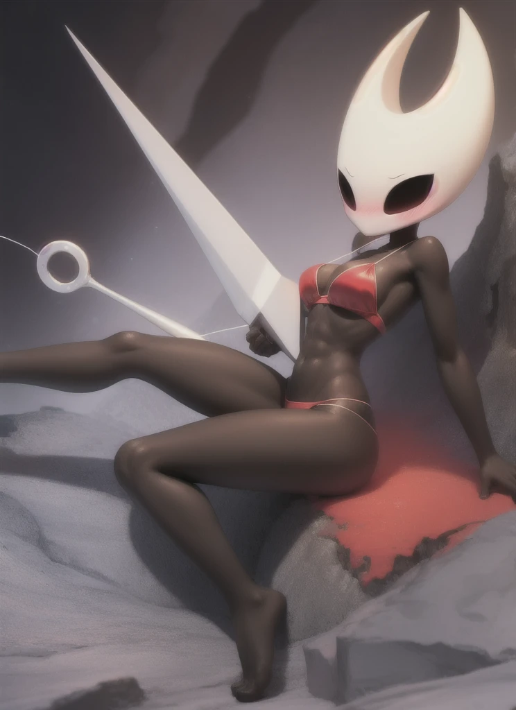 hornet, cute, chibi, no feet, furry girl, slim,anthro, needle weapon, thread, solo, red , bare feet, tall, lying with her legs apart, full body,red bikini top, (best quality), (detailed dark cave background:1.2), looking at viewer, flat colors, moderate breaststs, no nino vagina, sy, abs,front (blushe.5), underboob, a seductive pose