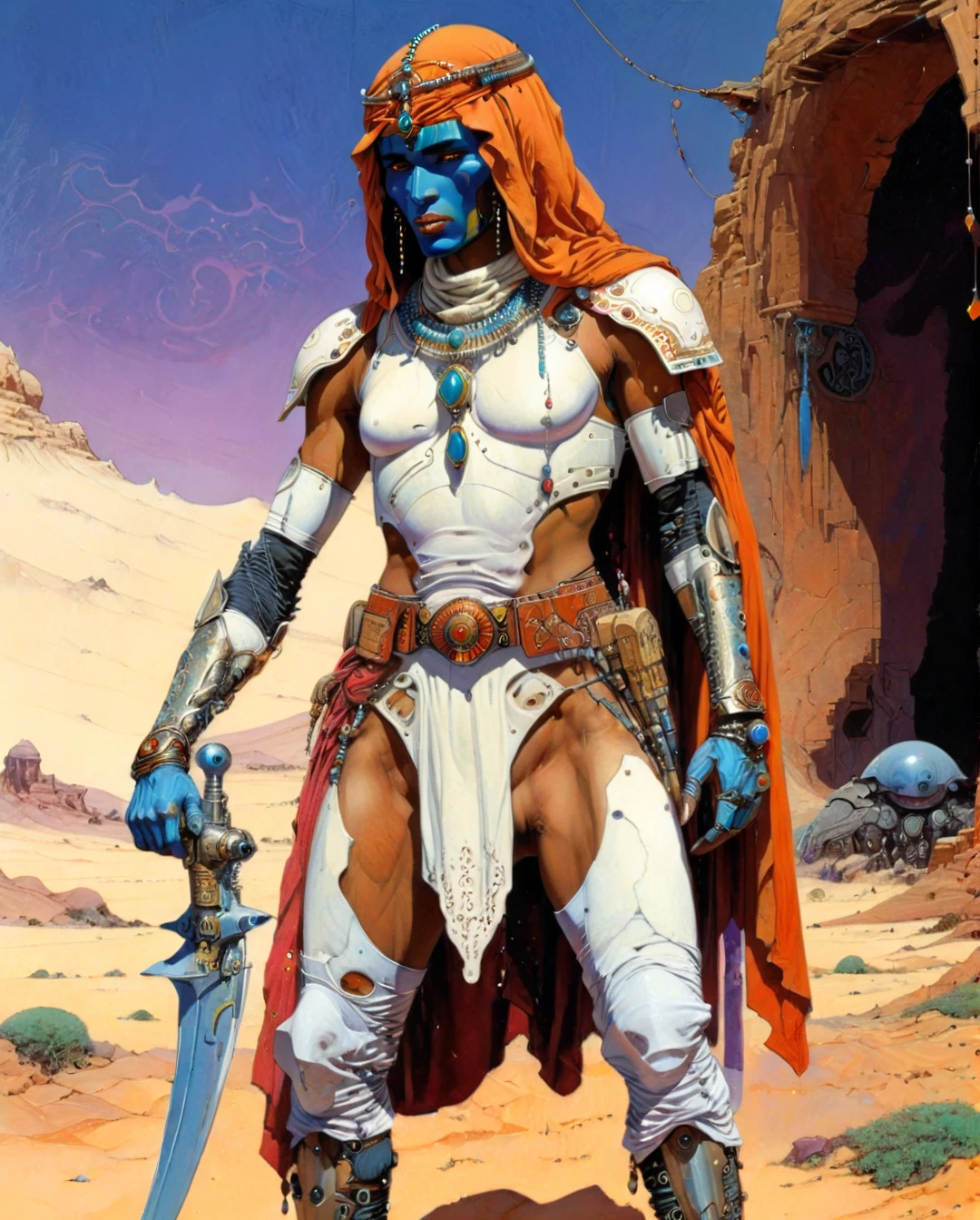 A technologically enhanced Saudi Arabian Bedouin warrior, adorned in a mix of Frank Frazetta and Moebius artistic styles. The cyborg's gleaming metal limbs contrast with intricate traditional clothing and jewelry, blending ancient heritage with cutting-edge innovation. This stunning digital painting captures the fusion of past and future, exuding a mesmerizing aura of cultural richness and futuristic prowess.