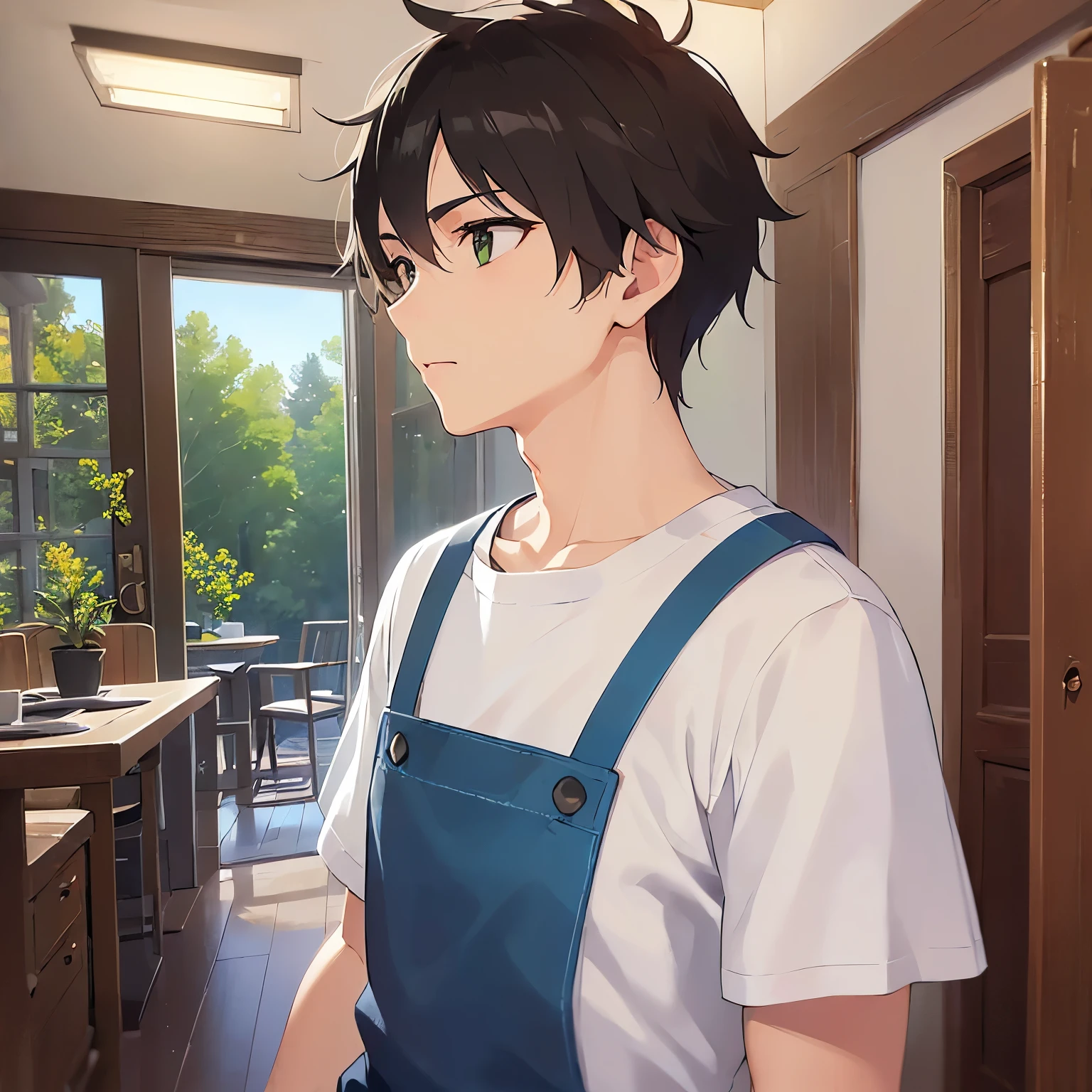 (25-year-old male:1.5) and (Brown short hair) and (Green Eyes),(looking away:1.5),upper body,Side shot、shiny skin,masterpiece、Highest quality、serious,(whiteTshirt:1.5),The background is the living room,(alone:1.5)、Wearing an apron、laundry