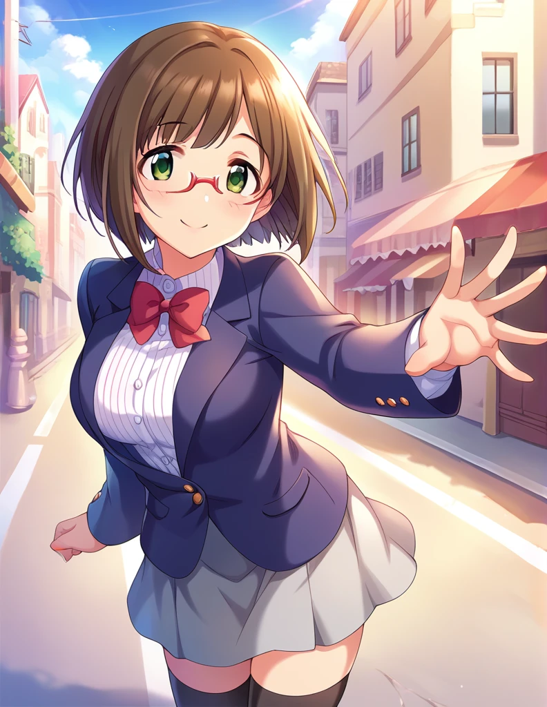 score_9, score_8_up, score_7_up, source_anime,
pinup of 1girl solo, dating, smile, blush, fov, looking up, looking at viewer, 
outdoors, street, lamppost, day, sunbeam, 
 mekwmk, short hair, brown hair, bangs, green eyes, large breasts, medium breasts, 
red eyewear, semi-rimless eyewear, , blazer jacket, bowtie, grey skirt, black thighhighs, zettai ryouiki, 
detailed eyes,