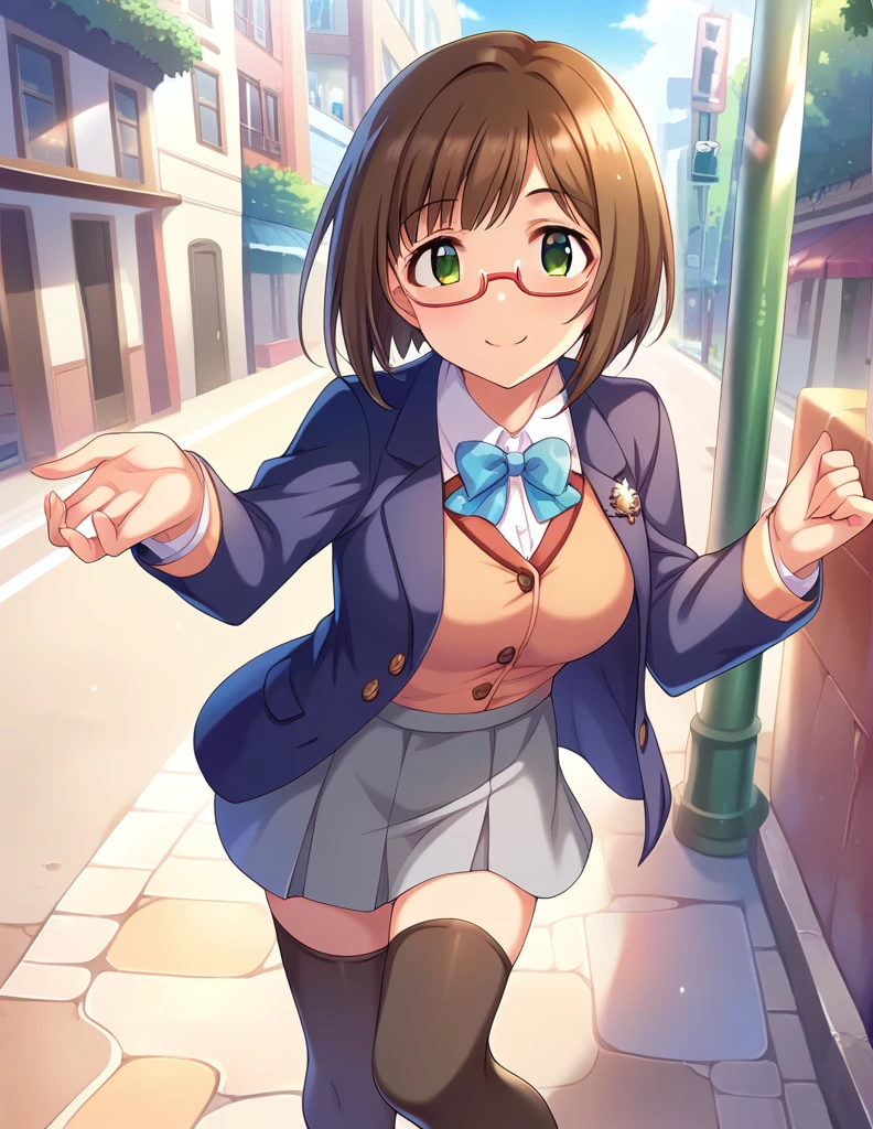 score_9, score_8_up, score_7_up, source_anime,
pinup of 1girl solo, dating, smile, blush, fov, looking up, looking at viewer, 
outdoors, street, lamppost, day, sunbeam, 
 mekwmk, short hair, brown hair, bangs, green eyes, large breasts, medium breasts, 
red eyewear, semi-rimless eyewear, , blazer jacket, bowtie, grey skirt, black thighhighs, zettai ryouiki, 
detailed eyes,