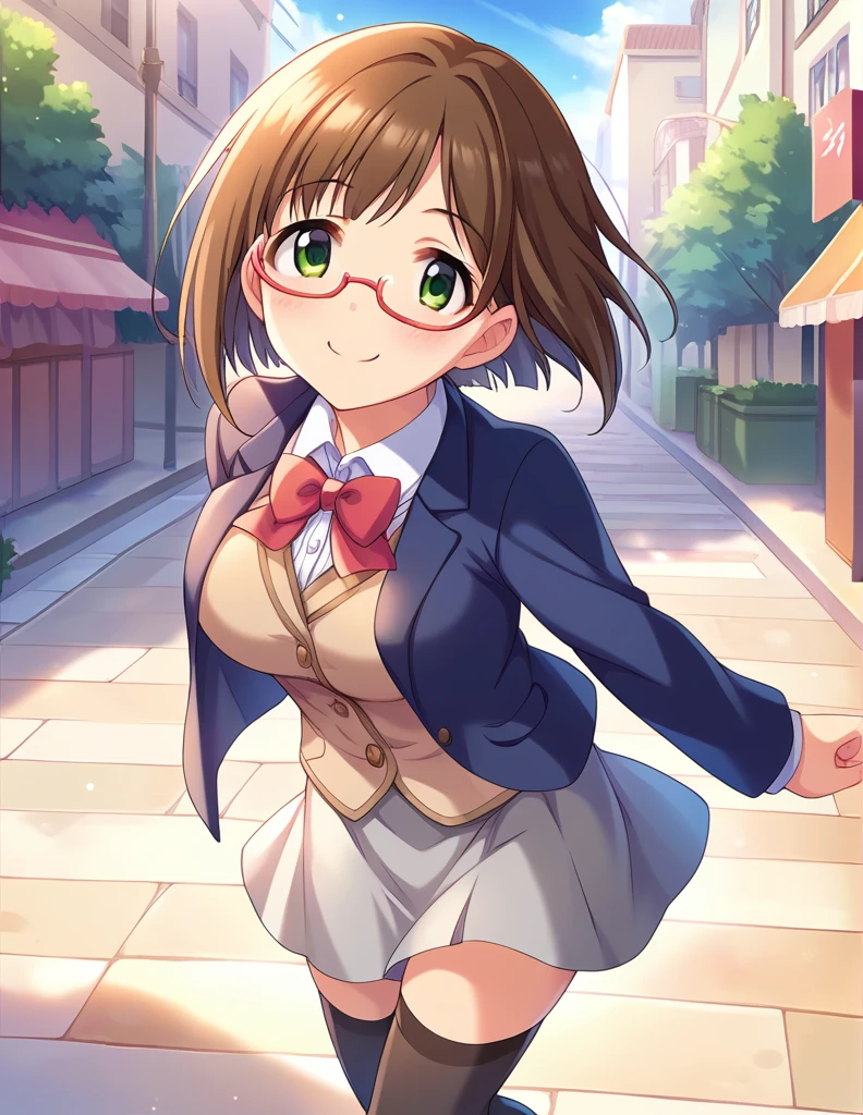 score_9, score_8_up, score_7_up, source_anime,
pinup of 1girl solo, dating, smile, blush, fov, looking up, looking at viewer, 
outdoors, street, lamppost, day, sunbeam, 
 mekwmk, short hair, brown hair, bangs, green eyes, large breasts, medium breasts, 
red eyewear, semi-rimless eyewear, , blazer jacket, bowtie, grey skirt, black thighhighs, zettai ryouiki, 
detailed eyes,