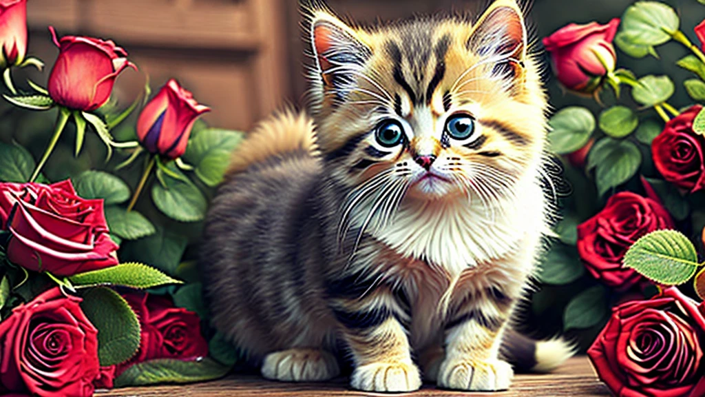 In this ultra-detailed CG art, Adorable kitten surrounded by fantastic roses, Highest quality, High resolution, Intricate details, Fantasy, Cute Animals