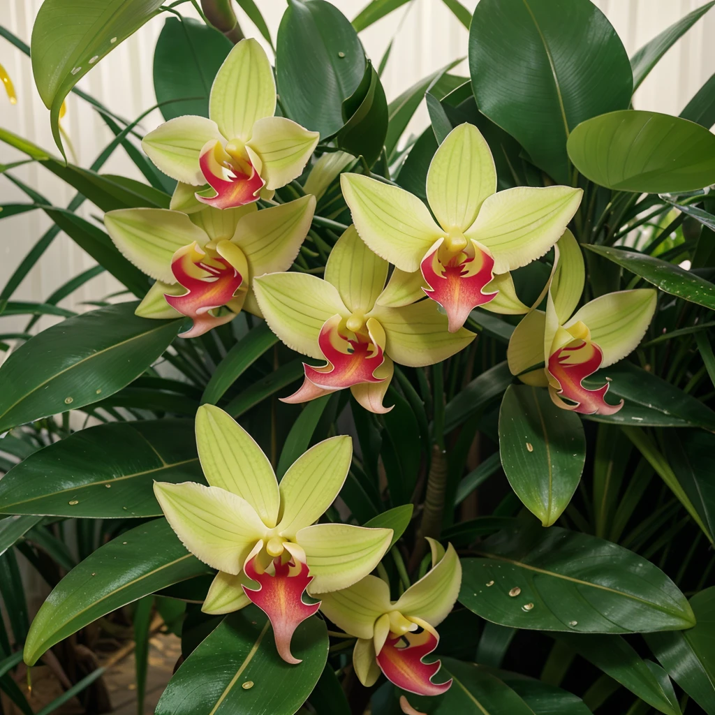 Hyper realistic and hd quality . Create a very fresh yellow cattaleya orchid.Growing at branch of tree in tropical region. Its petals and sepals yellow but its column is ruby like colour. Stamen and pistill are pink. Grow with emeral green leaves and body. Fresh with golden sunshine and rain drops.