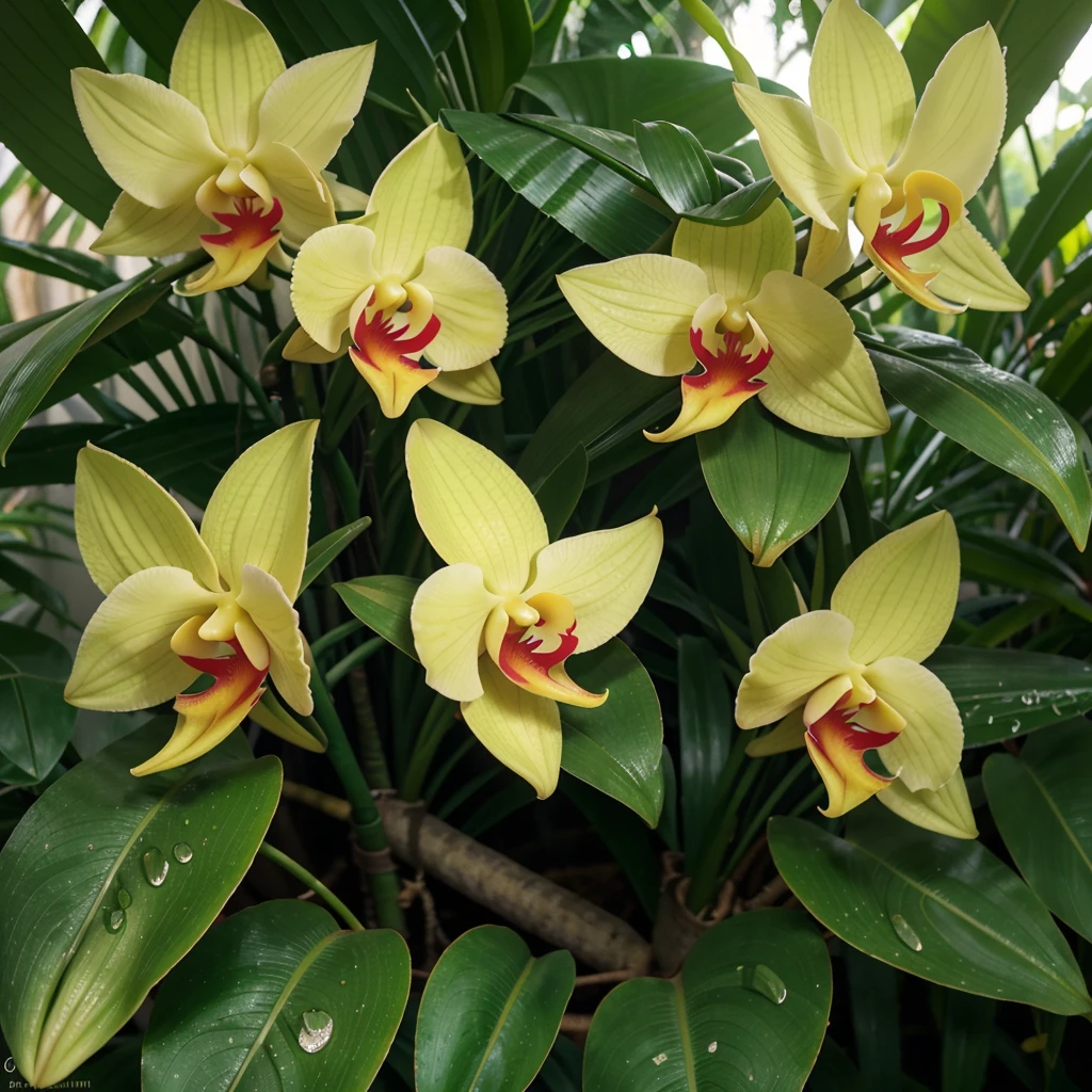 Hyper realistic and hd quality . Create a very fresh yellow cattaleya orchid.Growing at branch of tree in tropical region. Its petals and sepals yellow but its column is ruby like colour. Stamen and pistill are pink. Grow with emeral green leaves and body. Fresh with golden sunshine and rain drops.