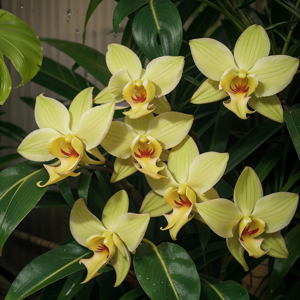 Hyper realistic and hd quality . Create a very fresh yellow cattaleya orchid.Growing at branch of tree in tropical region. Its petals and sepals yellow but its column is ruby like colour. Stamen and pistill are pink. Grow with emeral green leaves and body. Fresh with golden sunshine and rain drops.