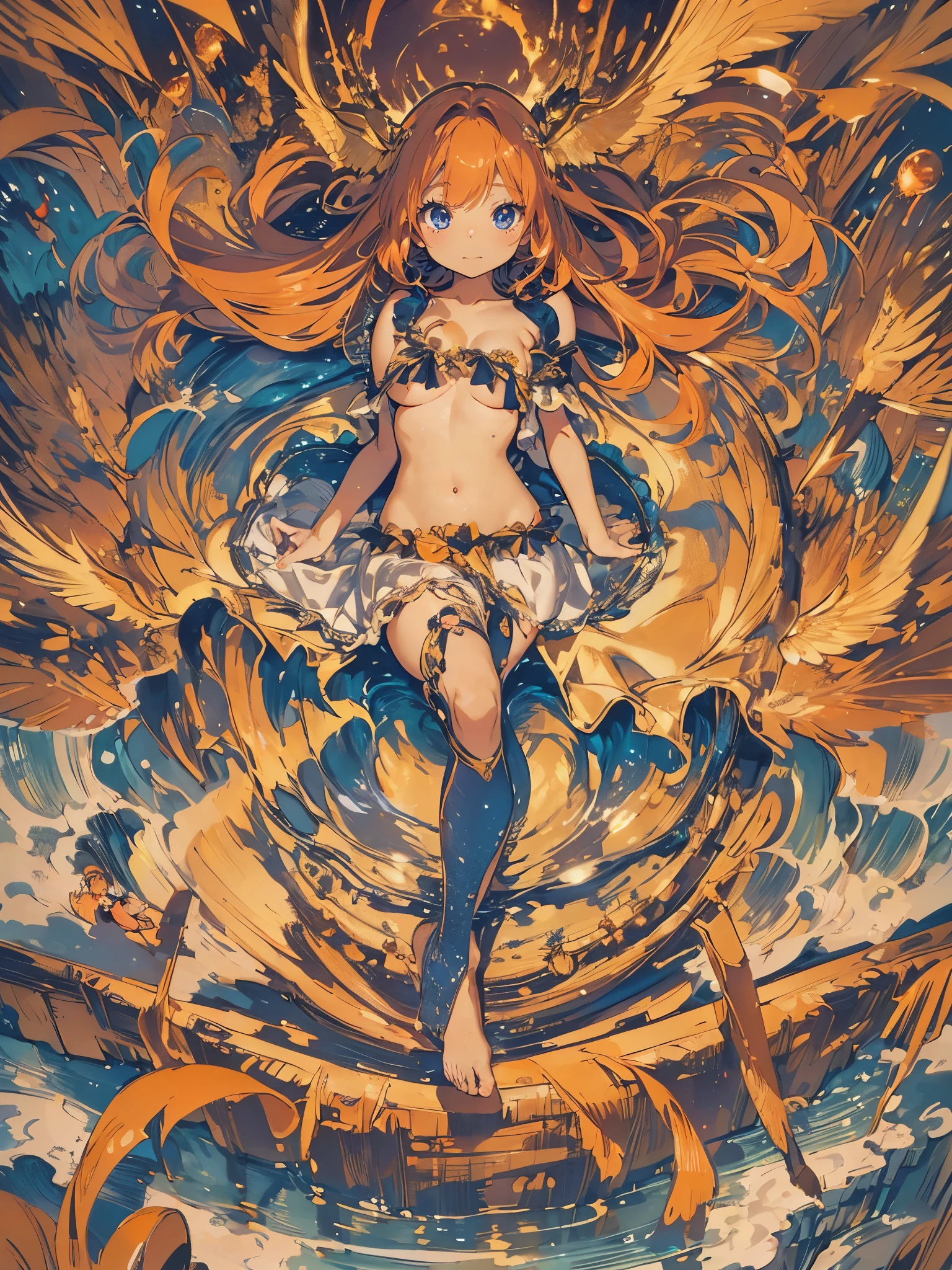 Golden-winged angel wearing a negligee(:1.5)(Small body) (Orange Hair:1.5）(eyelash:1.2) (Mid-length hair:1.4), (Blue eyes)(Big Breasts:1.3)High Contrast 
