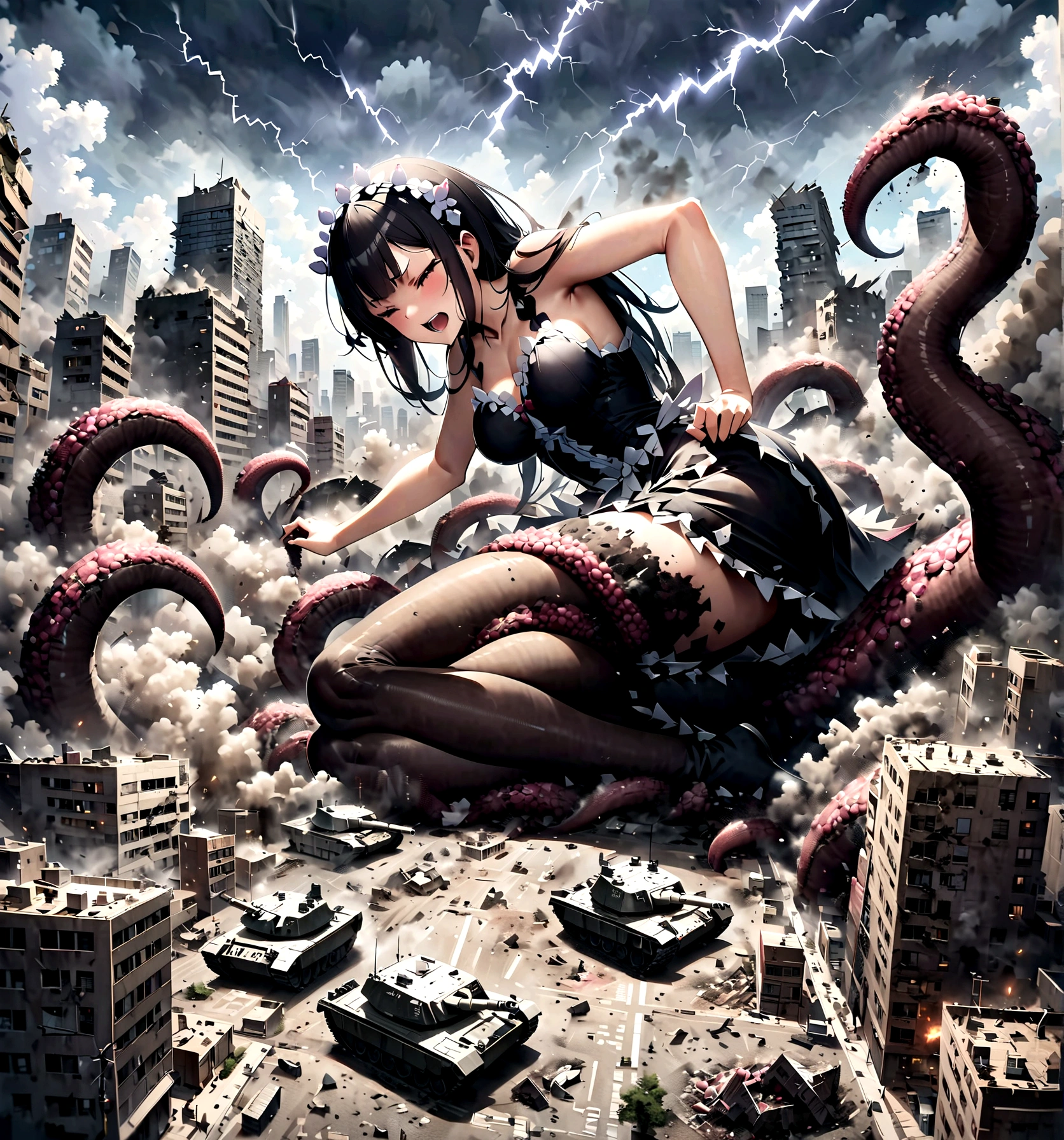 anime giantess,giant monster girl, laughing out loud,Tentacles,looking down,storm,giant body,epic,serious situation,giantess,giantess art work、Re:Zero、full body、lightning、Destroyed urban area、rubble、freeing people,fighting battle tanks、HQ、high resolution
