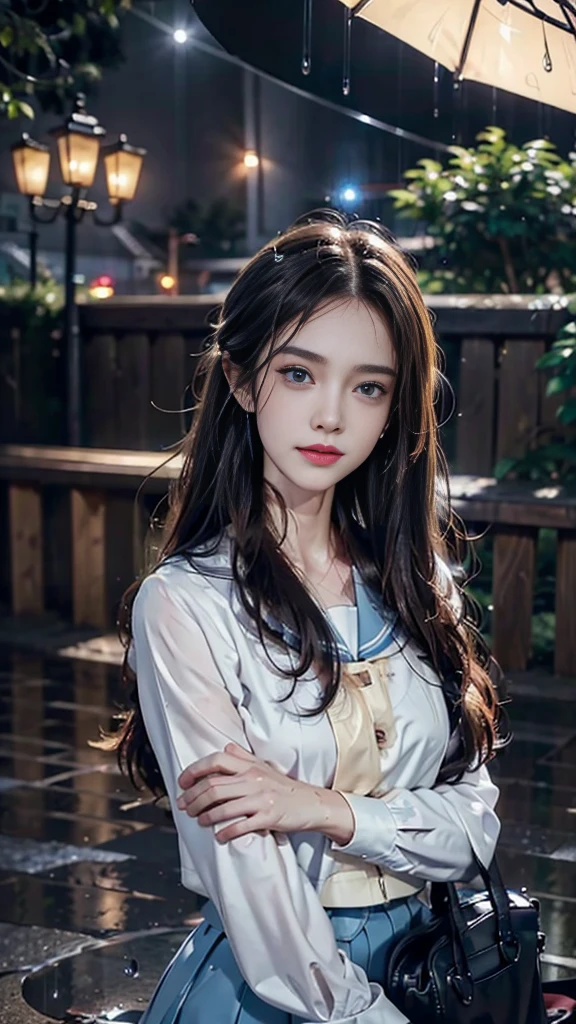 (RAW shooting, Photoreal:1.5, 8k, highest quality, masterpiece, ultra high resolution), perfect dynamic composition:1.2, street corner at night, look up at the sky:1.3, (((Typhoon heavy rain))), Highly detailed skin and facial textures:1.2, Slim high school girl wet in the rain:1.3, sexy beauty, perfect style:1.2, beautiful and aesthetic, Fair skin, very beautiful face, (rain drips all over my body:1.2, wet hair:1.4, wet uniform:1.2), water droplets on the skin, (Medium chest, Chest gap), (embarrassing smile, The expression on your face when you feel intense caress, Facial expression when feeling pleasure), (beautiful blue eyes, Eyes that feel beautiful eros:0.8), (Too erotic:0.9, Bewitching:0.9), cowboy shot, student bag, perfect limbs, perfect fingers