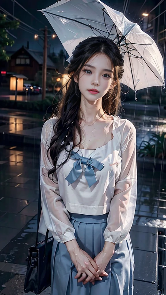 (RAW shooting, Photoreal:1.5, 8k, highest quality, masterpiece, ultra high resolution), perfect dynamic composition:1.2, street corner at night, look up at the sky:1.3, (((Typhoon heavy rain))), Highly detailed skin and facial textures:1.2, Slim high school girl wet in the rain:1.3, sexy beauty, perfect style:1.2, beautiful and aesthetic, Fair skin, very beautiful face, (rain drips all over my body:1.2, wet hair:1.4, wet uniform:1.2), water droplets on the skin, (Medium chest, Chest gap), (embarrassing smile, The expression on your face when you feel intense caress, Facial expression when feeling pleasure), (beautiful blue eyes, Eyes that feel beautiful eros:0.8), (Too erotic:0.9, Bewitching:0.9), cowboy shot, student bag, perfect limbs, perfect fingers