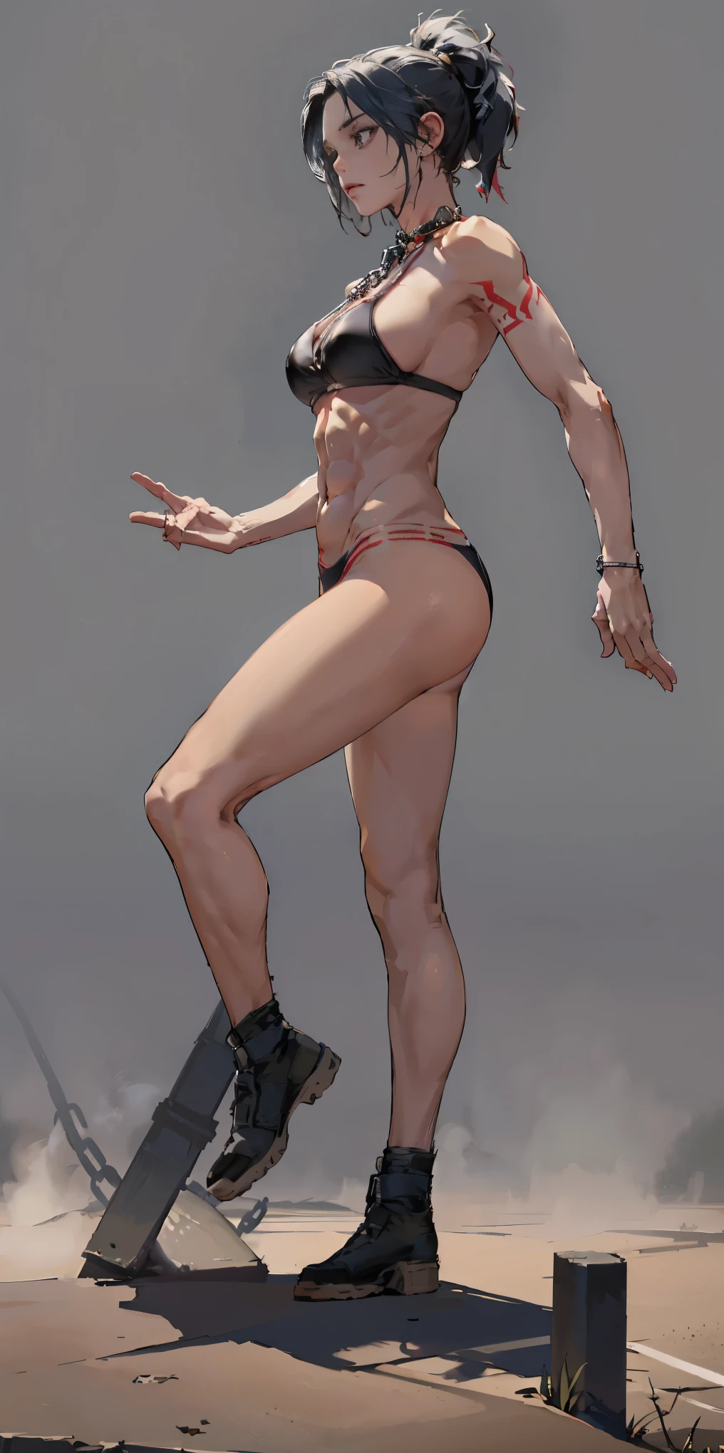 (masterpiece, plain background:1.2, far shot view from below angle,1chica 1solo) standing full body, mature woman, Eyes, wide, black bikini, pronounced abs, chain collar, stomach tattoo (red tattoo)