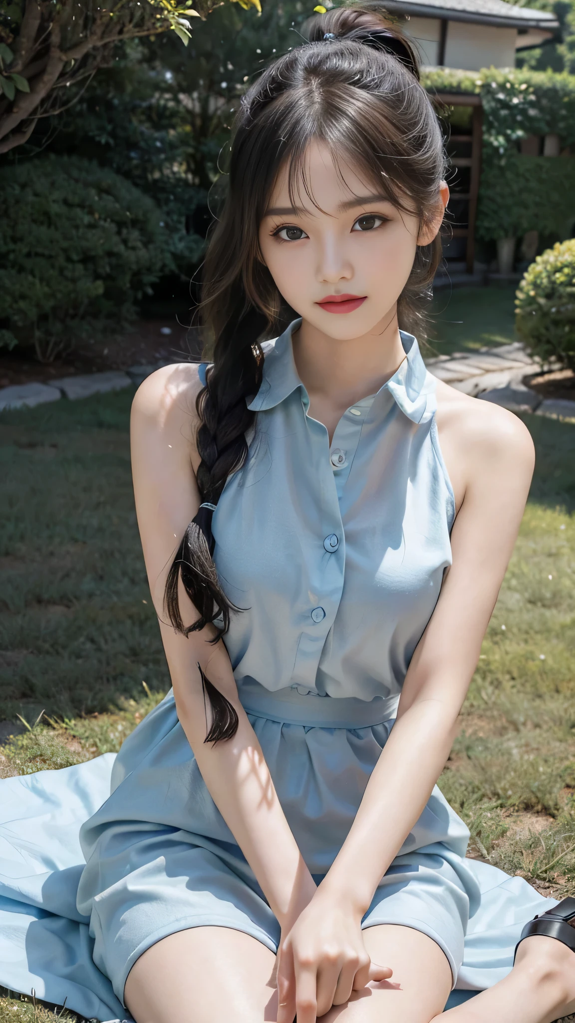 collared dress,European park,On the lawn,One woman,masutepiece, The highest image quality, High quality, the background is clear,Beautiful woman, Japanese,Ultra-detailed, finely detail, hight resolution, 8K Wallpaper, Perfect dynamic composition, Beautiful detailed eyes , Detailed, Detailed eyes, Detailed skin, Beautiful skin, 超hight resolution, (reality: 1.4),Very beautiful woman, Slightly younger face, Beautiful skin, slender, (Ultra photo realsisim), (hight resolution), (8K), (Very detailed) (beautifully detailed eyes), (super detailed), (Detailed face), view the viewer, Fine details, Detailed face, Staring straight ahead, Staring straight ahead, photos realistic, Bright lighting, Professional Lighting, Black hair,poneyTail,a baby face,sixteen years old,Hairstyle: ponytail,Long ponytail hairstyle,slight smile,neat and tidy clothing,Beautiful Japanese KPOP idol photo, hair style is ponytail, my eyes are double and wide, baby face, smile and look straight ahead, slender, small breasts,Close up face,
