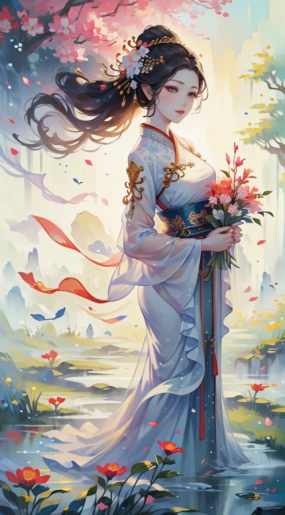 a beautiful goddess of guixiang flower, wearing a detailed ancient chinese hanfu dress, detailed jewelry, standing in a lush flower garden landscape, (best quality,4k,8k,highres,masterpiece:1.2),ultra-detailed,(realistic,photorealistic,photo-realistic:1.37),extremely detailed CG Unity 8K wallpaper, (one color:1.2),(inspiration:1.1),pure,elegant