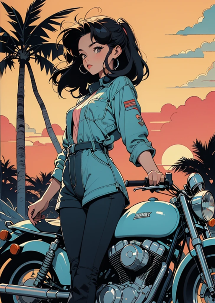 Retro Girl, Miami Beach, sunset, motorcycle, Palm tree, the 90s, (Flat Color, flat texture, Line art:1.2), Graphical Design, (Dark ink, Ink Black), 
