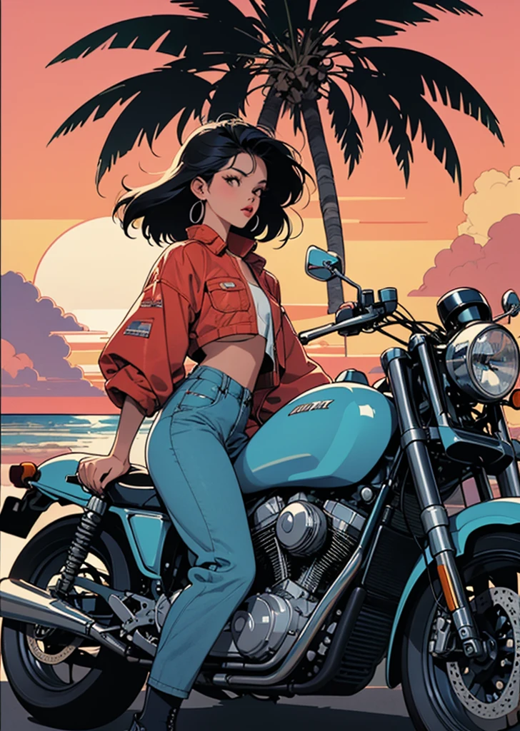 Retro Girl, Miami Beach, sunset, motorcycle, Palm tree, the 90s, (Flat Color, flat texture, Line art:1.2), Graphical Design, (Dark ink, Ink Black),