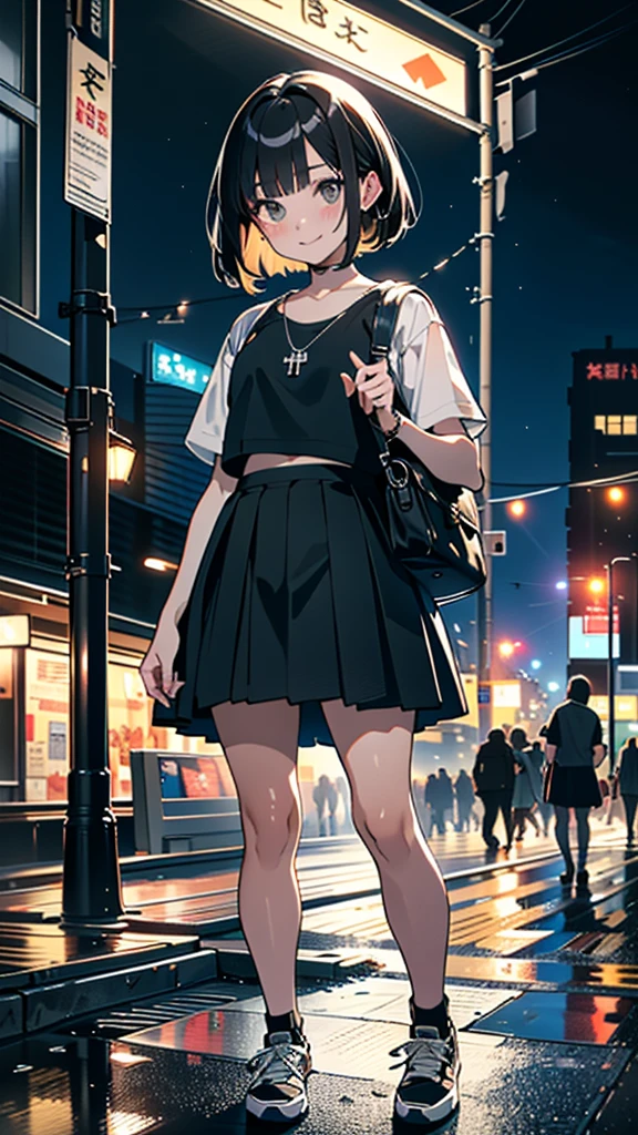 (8K, RAW Photos, 最high quality, masterpiece:1.2), high qualityのRAWカラー写真, Professional photo shoot, Cinematic Light, alone, (((young woman, Gal))), (Sharp features), (Small face), (Skin with attention to detail:1.2), clavicle, Cute face, Beautiful appearance, Long eyelashes,Girl Turning Around, smile, (Black Hair, Bobcut、), Small black t-shirt、Belly button, Very short grey pleated mini skirt, Black sneakers, Backpack, Night Park, Confident attitude, Capture the happy moment, Artistic painting,Attractive thighs, (Very nice touch:1.2),はにかんだsmile), Peaceful atmosphere, Oil painting style, Bright colors, (Are standing:1.5, Townscape at night, Full body portrait), Smooth texture, Gazing Eyes, Beautiful Skin, Shiny skin, ((Perfect Fingers, Five Fingers, Anatomically correct)), Background Blur, high quality, Surreal, ((Very detailed, photo shoot)),Many people々、blush、plump、White skin