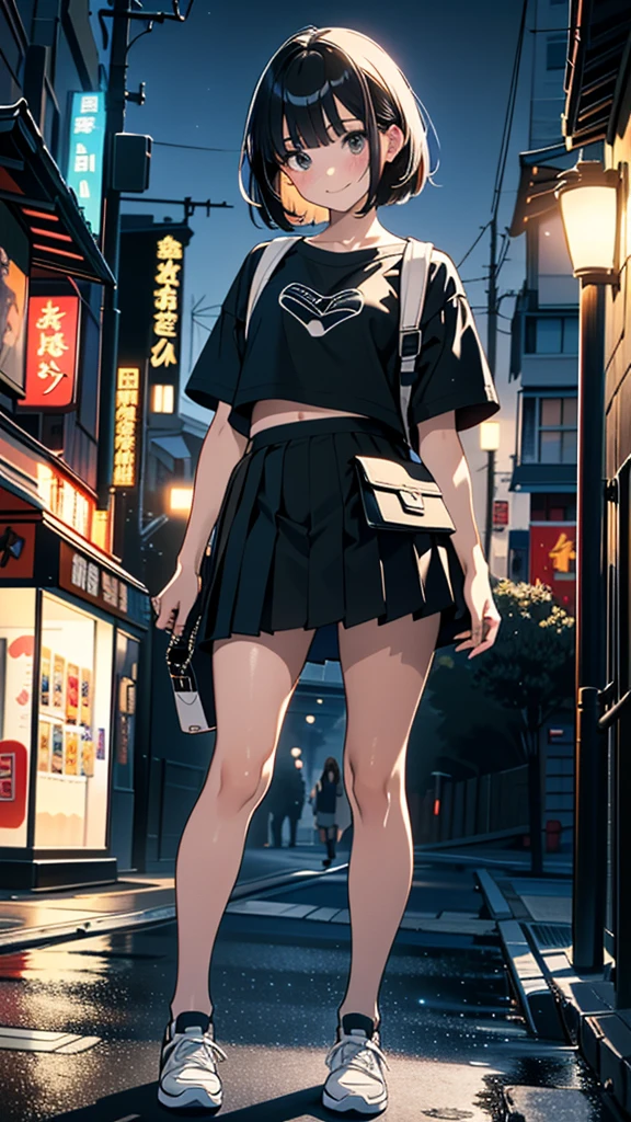 (8K, RAW Photos, 最high quality, masterpiece:1.2), high qualityのRAWカラー写真, Professional photo shoot, Cinematic Light, alone, (((young woman, Gal))), (Sharp features), (Small face), (Skin with attention to detail:1.2), clavicle, Cute face, Beautiful appearance, Long eyelashes,Girl Turning Around, smile, (Black Hair, Bobcut、), Small black t-shirt、Belly button, Very short grey pleated mini skirt, Black sneakers, Backpack, Night Park, Confident attitude, Capture the happy moment, Artistic painting,Attractive thighs, (Very nice touch:1.2),はにかんだsmile), Peaceful atmosphere, Oil painting style, Bright colors, (Are standing:1.5, Townscape at night, Full body portrait), Smooth texture, Gazing Eyes, Beautiful Skin, Shiny skin, ((Perfect Fingers, Five Fingers, Anatomically correct)), Background Blur, high quality, Surreal, ((Very detailed, photo shoot)),Many people々、blush、plump、White skin