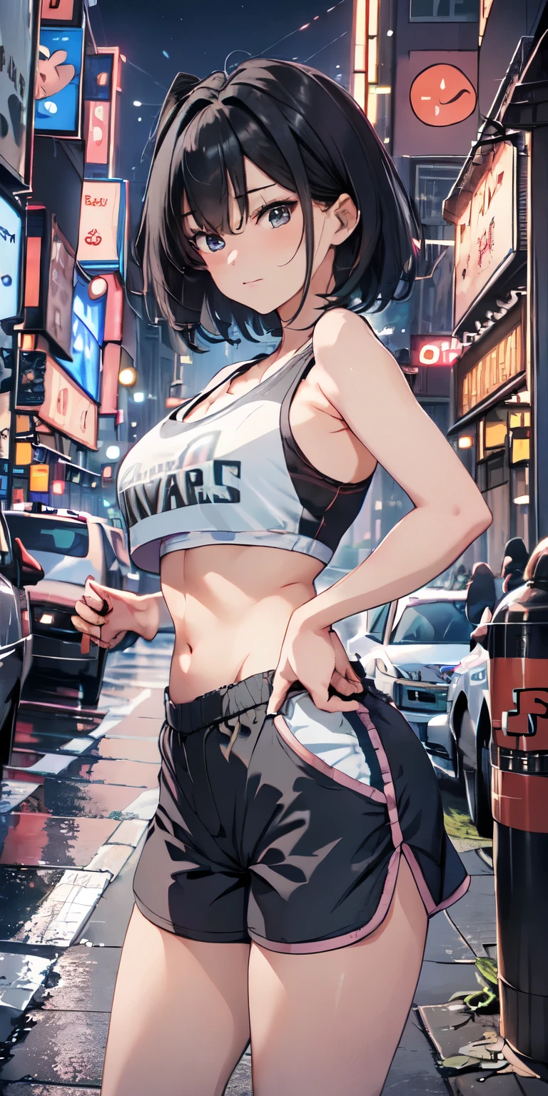 (masterpiece, best quality:1.37), high resolution, Very detailed, Super sharp, rest, Korean school idol, (((1 girl:1.37, Solitary))), (Beautiful anime face, Cute face, Delicate face), (Black Hair, Thinning hair, short hair, Bangs, Ji Qie), Beautiful blue eyes, rest, ((Detailed Grey Sports Bra:1.5), (Detailed shorts:1.5)), rest, Cute appearance, Watermelon ears, Detailed clothes), A faint smile, shut your mouth, Open your lips, Pink lipstick, rest, ((Everlasting, put your arms behind your back,:1.3, Cowboy shooting)), Detailed human hands, HDTV:1.2, ((Detailed sunset New York city downtown street scene background:1.3)), 8 life size, Slender, Anime style, Anime style school girl, Perfect anatomical structure, Perfect proportion, Inspired by Kyoto Animation and A-1 Pictures, night, Excellent lighting, Vibrant colors, Clear lines, lifelike