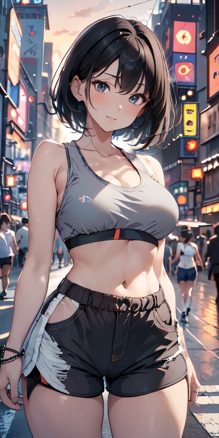 (masterpiece, best quality:1.37), high resolution, Very detailed, Super sharp, rest, Korean school idol, (((1 girl:1.37, Solitary))), (Beautiful anime face, Cute face, Delicate face), (Black Hair, Thinning hair, short hair, Bangs, Ji Qie), Beautiful blue eyes, rest, ((Detailed Grey Sports Bra:1.5), (Detailed shorts:1.5)), rest, Cute appearance, Watermelon ears, Detailed clothes), A faint smile, shut your mouth, Open your lips, Pink lipstick, rest, ((Everlasting, put your arms behind your back,:1.3, Cowboy shooting)), Detailed human hands, HDTV:1.2, ((Detailed sunset New York city downtown street scene background:1.3)), 8 life size, Slender, Anime style, Anime style school girl, Perfect anatomical structure, Perfect proportion, Inspired by Kyoto Animation and A-1 Pictures, night, Excellent lighting, Vibrant colors, Clear lines, lifelike